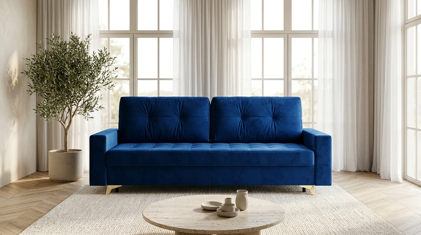 Sofa chabrowa na złotych nóżkach