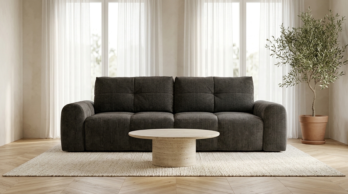 Sofa ciemnoszara sztruksowa w kratę